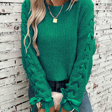 Women's Long-sleeved Satin Tie Round Neck Pullover Casual Loose Knitted Sweater