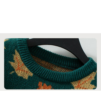 Women's Maple Leaf Jacquard Pullover Sweater Autumn Long Sleeve Casual Knit Top