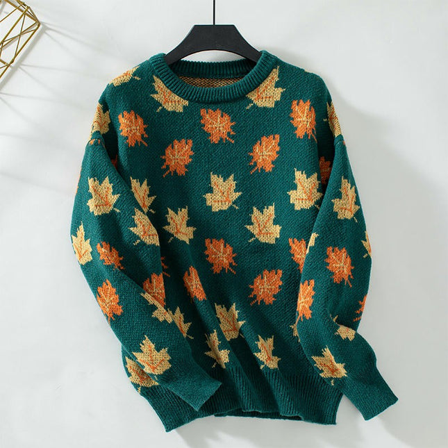 Women's Maple Leaf Jacquard Pullover Sweater Autumn Long Sleeve Casual Knit Top