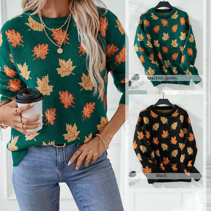 Women's Maple Leaf Jacquard Pullover Sweater Autumn Long Sleeve Casual Knit Top