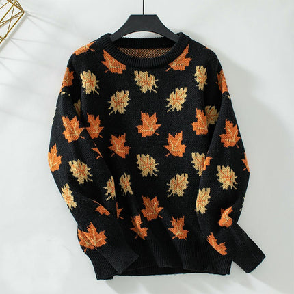 Women's Maple Leaf Jacquard Pullover Sweater Autumn Long Sleeve Casual Knit Top