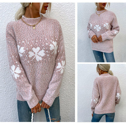Women's Half Turtleneck Snowflake Pullover Knitted Long Sleeve Christmas Sweater