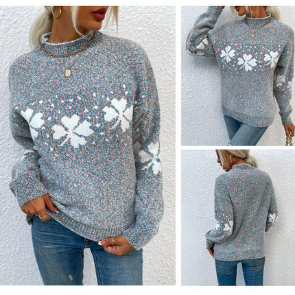 Women's Half Turtleneck Snowflake Pullover Knitted Long Sleeve Christmas Sweater