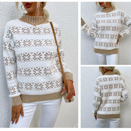 Women's Knitted Sweater Half Turtleneck Christmas Snowflake Sweater Top