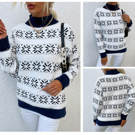 Women's Knitted Sweater Half Turtleneck Christmas Snowflake Sweater Top