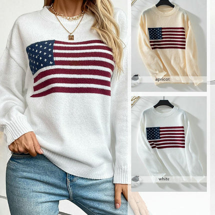 Women's American Flag Pullover Crew Neck Knit Sweater Long Sleeve Casual Tops