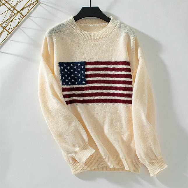 Women's American Flag Pullover Crew Neck Knit Sweater Long Sleeve Casual Tops