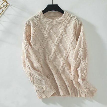 Women's Diamond Pullover Round Neck Knitted Sweater Long Sleeve Loose Casual Top
