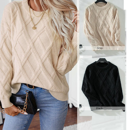 Women's Diamond Pullover Round Neck Knitted Sweater Long Sleeve Loose Casual Top