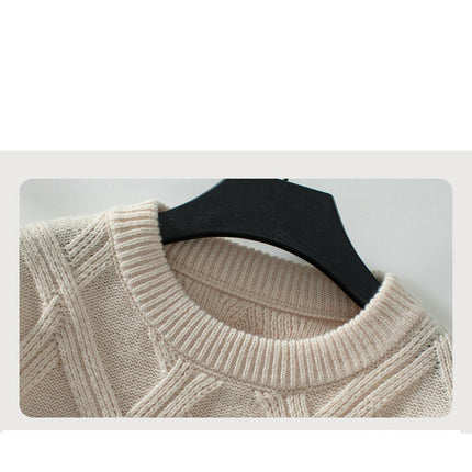Women's Diamond Pullover Round Neck Knitted Sweater Long Sleeve Loose Casual Top