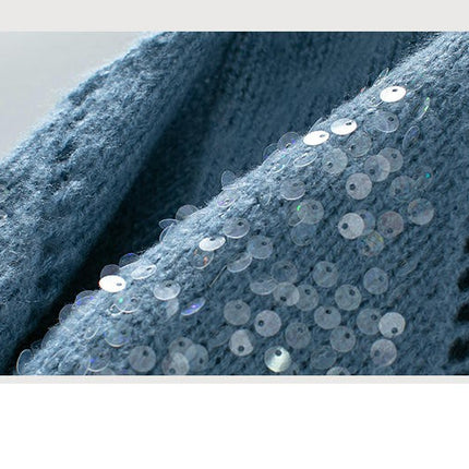 Women's Fashion Hollow Sequined Knitted Cardigan Diamond Pullover Loose Sweater