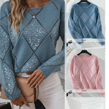 Women's Fashion Hollow Sequined Knitted Cardigan Diamond Pullover Loose Sweater
