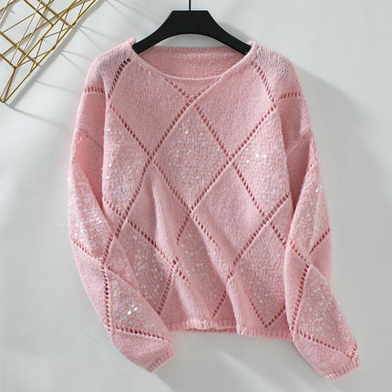 Women's Fashion Hollow Sequined Knitted Cardigan Diamond Pullover Loose Sweater