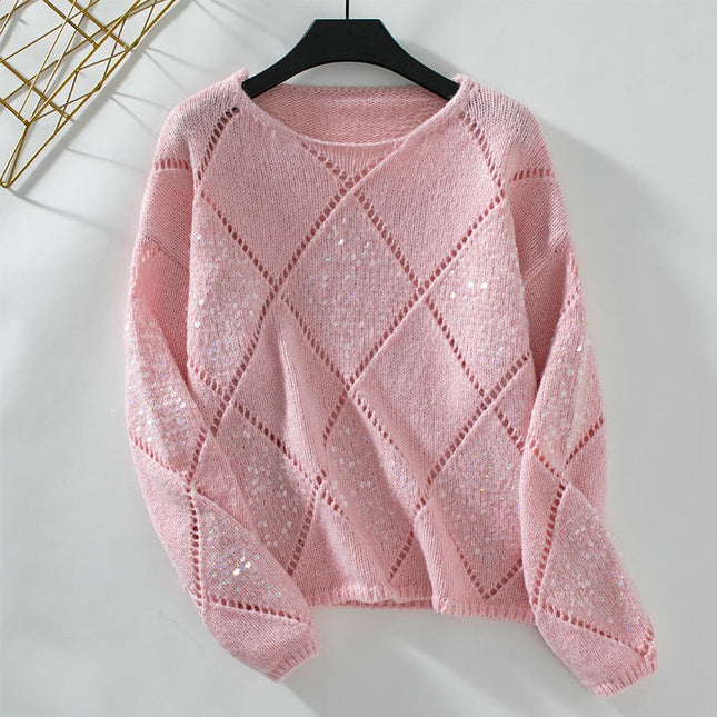 Women's Fashion Hollow Sequined Knitted Cardigan Diamond Pullover Loose Sweater