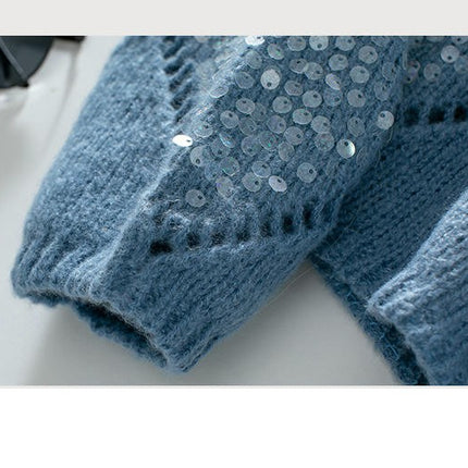 Women's Fashion Hollow Sequined Knitted Cardigan Diamond Pullover Loose Sweater
