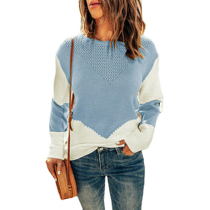 Women's Crew Neck Pullover Knit Top - Long Sleeve Contrast Loose Casual Sweater