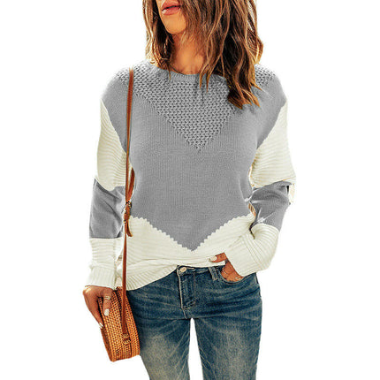 Women's Crew Neck Pullover Knit Top - Long Sleeve Contrast Loose Casual Sweater