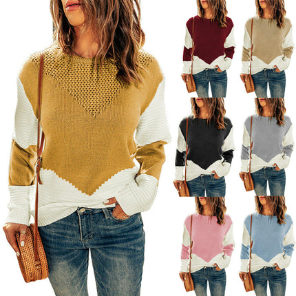 Women's Crew Neck Pullover Knit Top - Long Sleeve Contrast Loose Casual Sweater