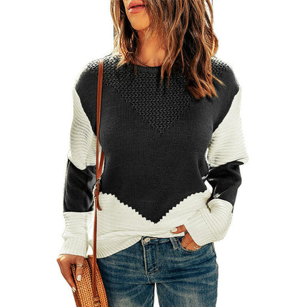 Women's Crew Neck Pullover Knit Top - Long Sleeve Contrast Loose Casual Sweater
