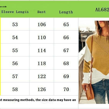 Women's Crew Neck Pullover Knit Top - Long Sleeve Contrast Loose Casual Sweater