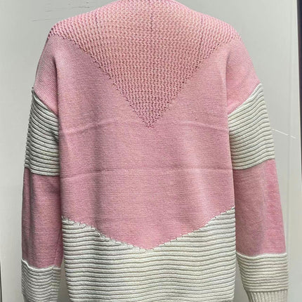 Women's Crew Neck Pullover Knit Top - Long Sleeve Contrast Loose Casual Sweater