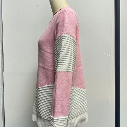 Women's Crew Neck Pullover Knit Top - Long Sleeve Contrast Loose Casual Sweater