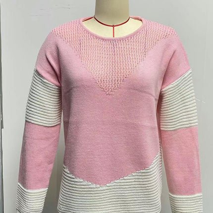 Women's Crew Neck Pullover Knit Top - Long Sleeve Contrast Loose Casual Sweater