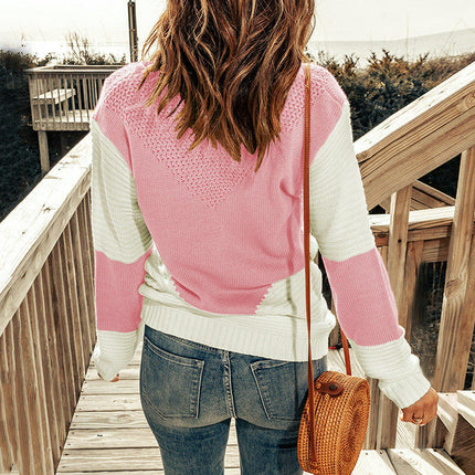 Women's Crew Neck Pullover Knit Top - Long Sleeve Contrast Loose Casual Sweater