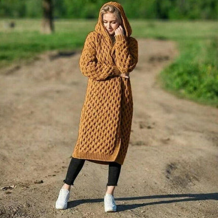 Women's Solid Color Long Knitted Sweater Winter Warm Hooded Cardigan Coat