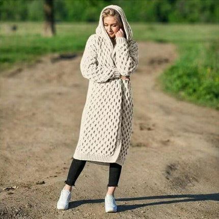 Women's Solid Color Long Knitted Sweater Winter Warm Hooded Cardigan Coat