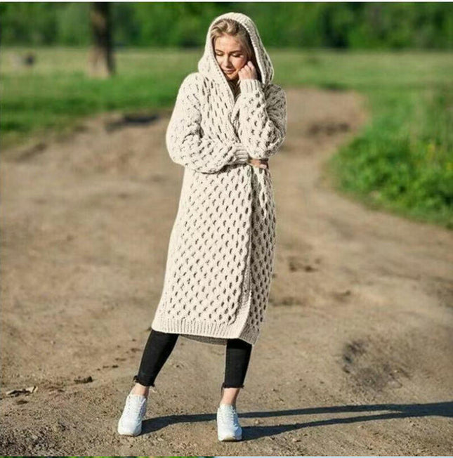 Women's Solid Color Long Knitted Sweater Winter Warm Hooded Cardigan Coat