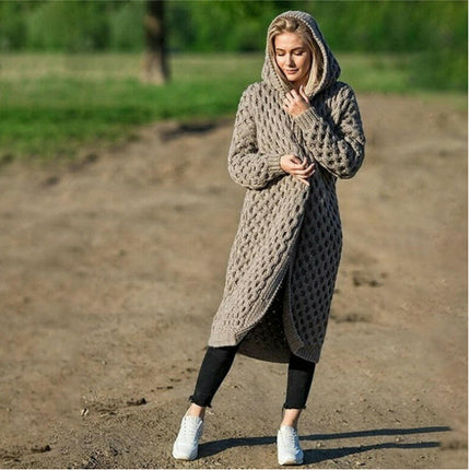 Women's Solid Color Long Knitted Sweater Winter Warm Hooded Cardigan Coat