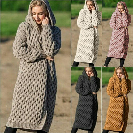 Women's Solid Color Long Knitted Sweater Winter Warm Hooded Cardigan Coat