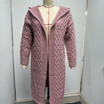 Women's Solid Color Long Knitted Sweater Winter Warm Hooded Cardigan Coat
