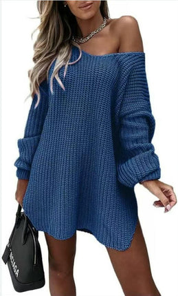 Women's Mid-Length Sweater-Off-the-shoulder V-neck Long-sleeved Slit Cardigan