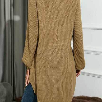 Women's Mid-Length Sweater-Off-the-shoulder V-neck Long-sleeved Slit Cardigan