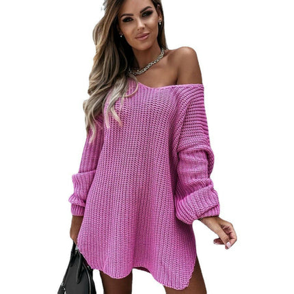 Women's Mid-Length Sweater-Off-the-shoulder V-neck Long-sleeved Slit Cardigan