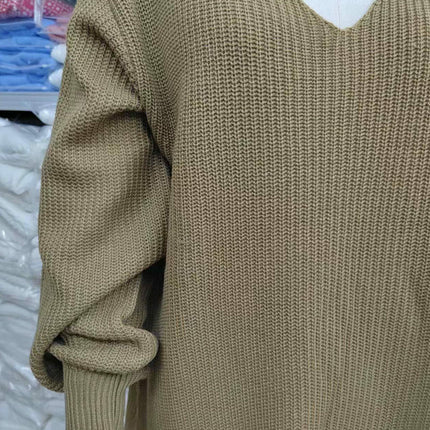 Women's Mid-Length Sweater-Off-the-shoulder V-neck Long-sleeved Slit Cardigan