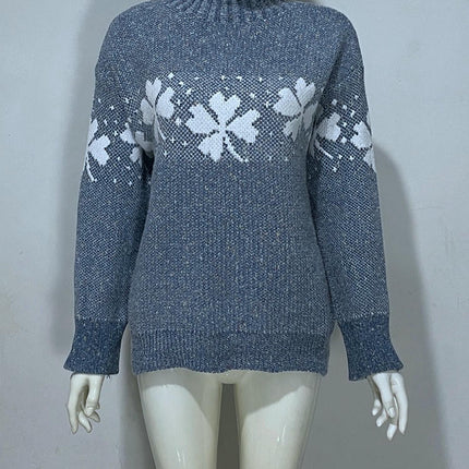 Womens Half Turtleneck Leaf Snowflake Knitted Sweater Long Sleeve Casual Sweater