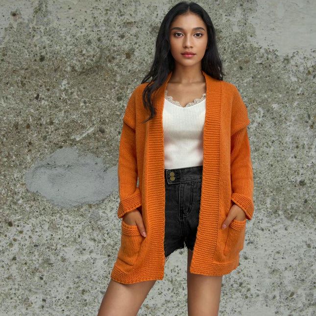 Women's Mid-length Knitted Pocket Cardigan Long Sleeve Loose Casual Sweater Coat