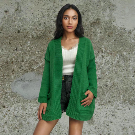 Women's Mid-length Knitted Pocket Cardigan Long Sleeve Loose Casual Sweater Coat