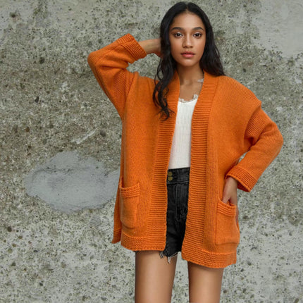 Women's Mid-length Knitted Pocket Cardigan Long Sleeve Loose Casual Sweater Coat