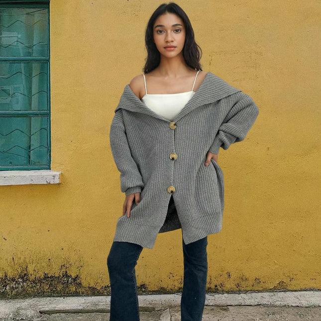 Women's Lazy Knit Pocket Cardigan Long Sleeve Loose Casual Sweater Jacket