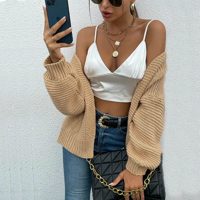 Women's Solid Color Knitted Cardigan Lantern Sleeve Loose Fashion Sweater Coat