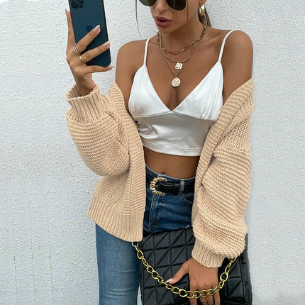 Women's Solid Color Knitted Cardigan Lantern Sleeve Loose Fashion Sweater Coat