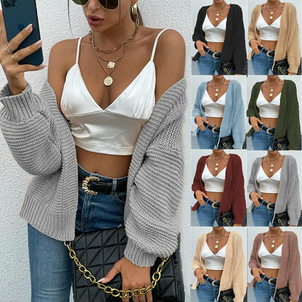 Women's Solid Color Knitted Cardigan Lantern Sleeve Loose Fashion Sweater Coat