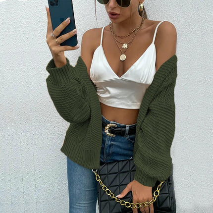 Women's Solid Color Knitted Cardigan Lantern Sleeve Loose Fashion Sweater Coat