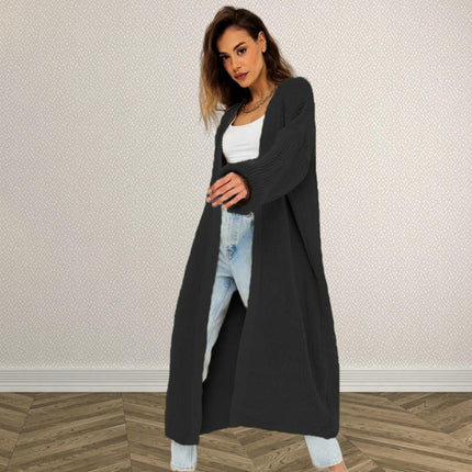 Women's Solid Color Long Knitted Cardigan Lantern Sleeve Casual Sweater Coat