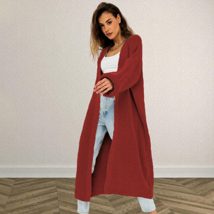 Women's Solid Color Long Knitted Cardigan Lantern Sleeve Casual Sweater Coat