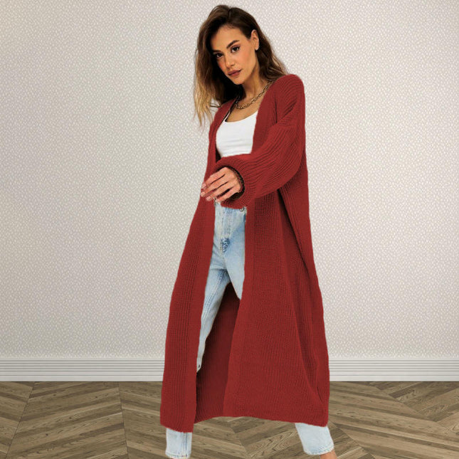 Women's Solid Color Long Knitted Cardigan Lantern Sleeve Casual Sweater Coat